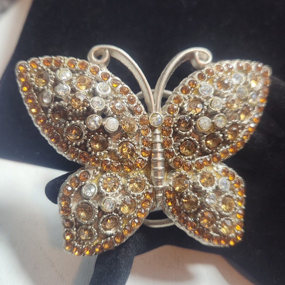 Vintage Butterfly Belt Buckle‎ Amber Topaz Rhinestone Crystal Silver Tone Boho